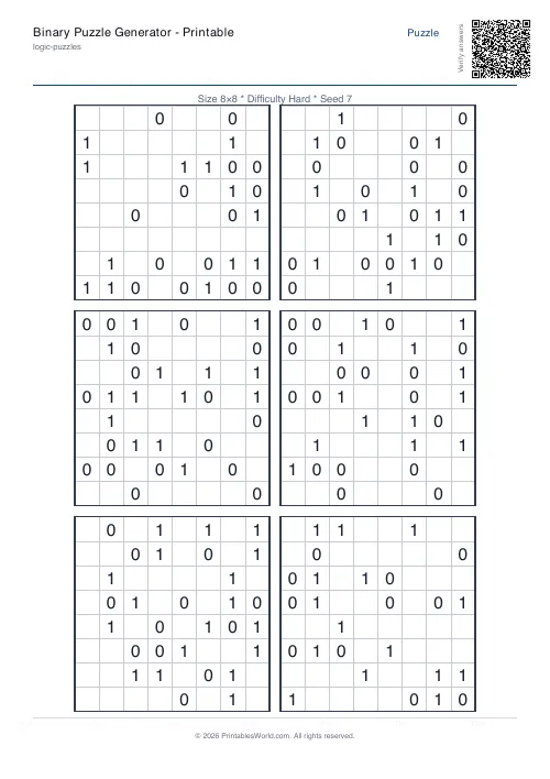 Free printable binary puzzle — Hard — PDF download