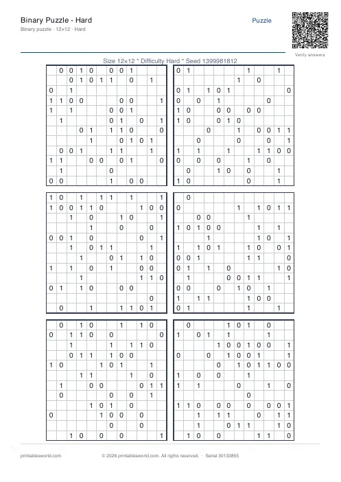 Free printable binary Puzzle — Hard PDF — sheet 1