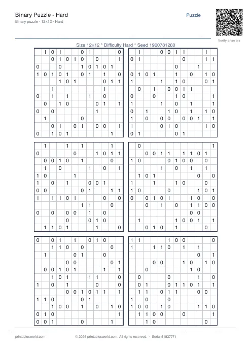 Free printable binary Puzzle — Hard PDF — sheet 10