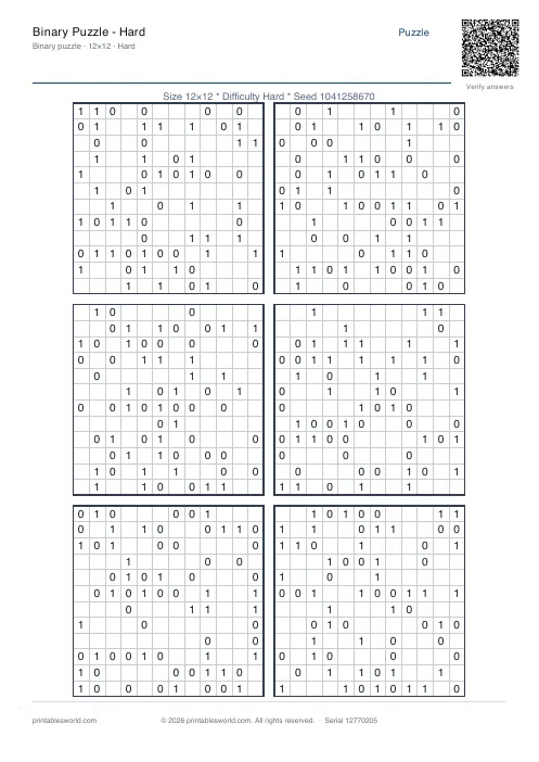 Free printable binary Puzzle — Hard PDF — sheet 11