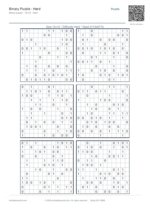 Free printable binary Puzzle — Hard PDF — sheet 12