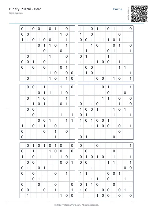 Free printable binary puzzle (10x10, with answer key), PDF download