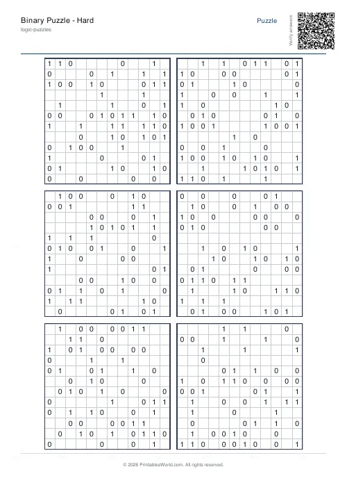 Free printable binary puzzle (12x12, with answer key), PDF download