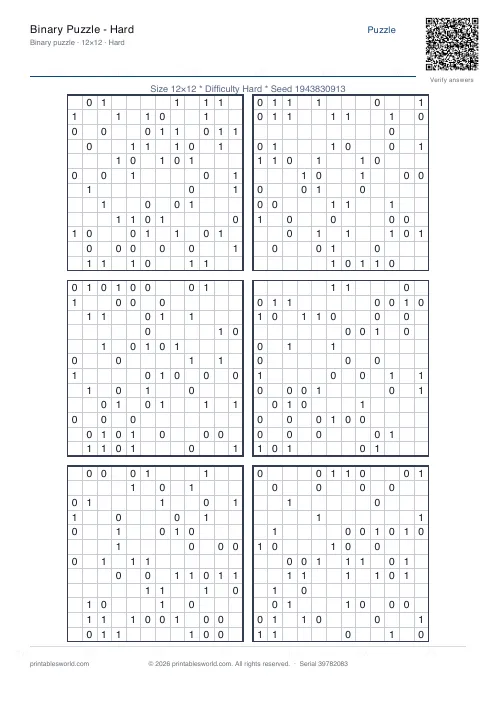 Free printable binary Puzzle — Hard PDF — sheet 2