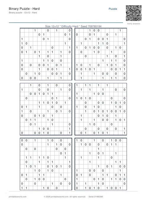 Free printable binary Puzzle — Hard PDF — sheet 3