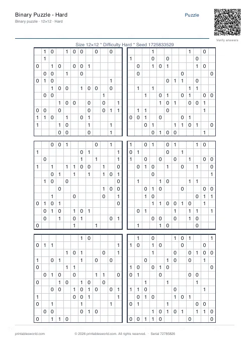 Free printable binary Puzzle — Hard PDF — sheet 4