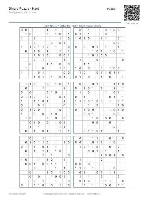 Free printable binary Puzzle — Hard PDF — sheet 5