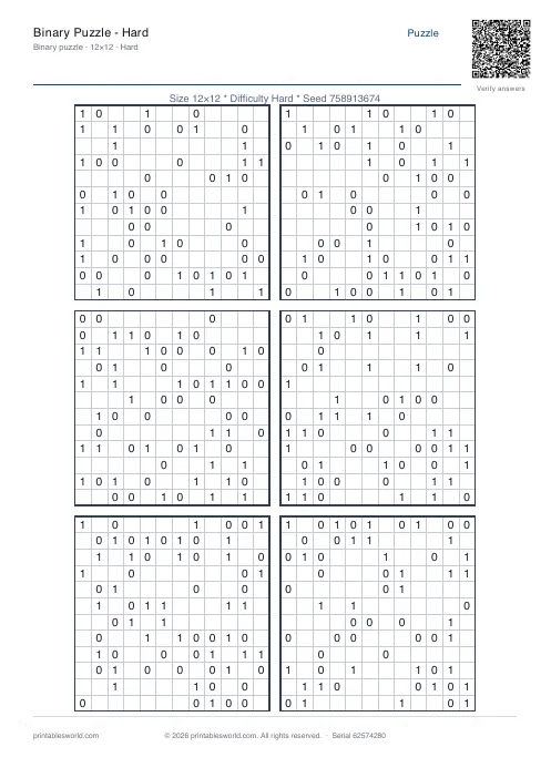 Free printable binary Puzzle — Hard PDF — sheet 6