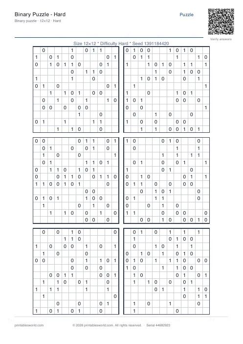 Free printable binary Puzzle — Hard PDF — sheet 7