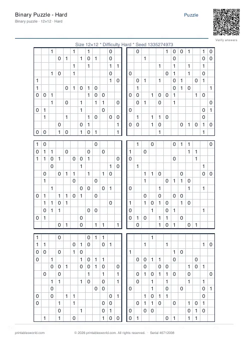 Free printable binary Puzzle — Hard PDF — sheet 8