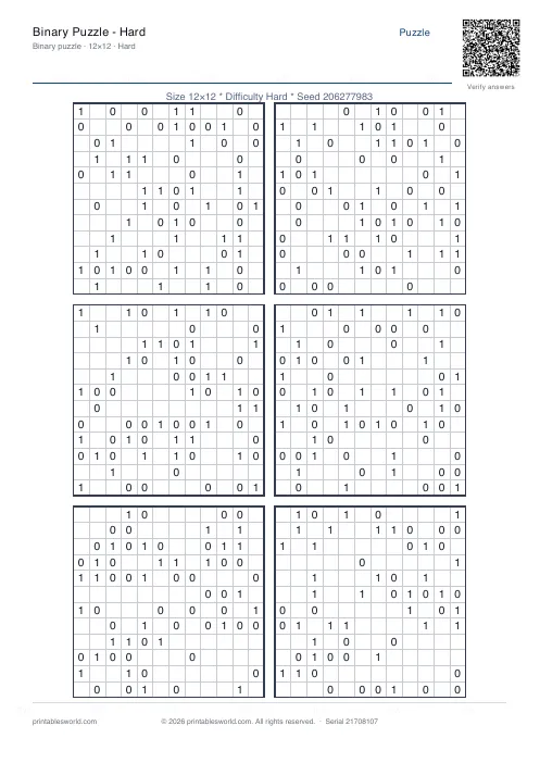 Free printable binary Puzzle — Hard PDF — sheet 9