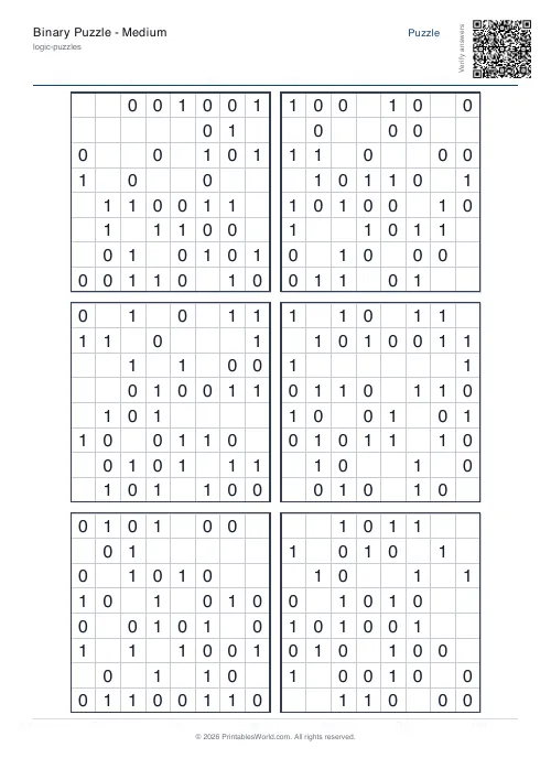 Free printable binary puzzle — Easy — PDF download
