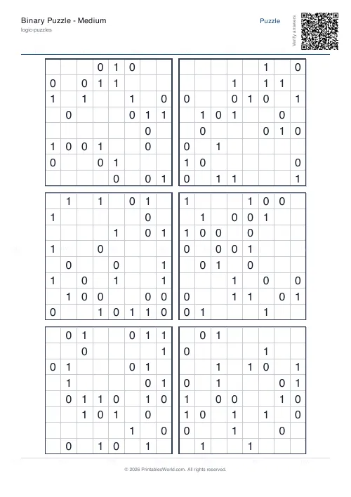 Free printable binary puzzle (Hard, with answer key), PDF download