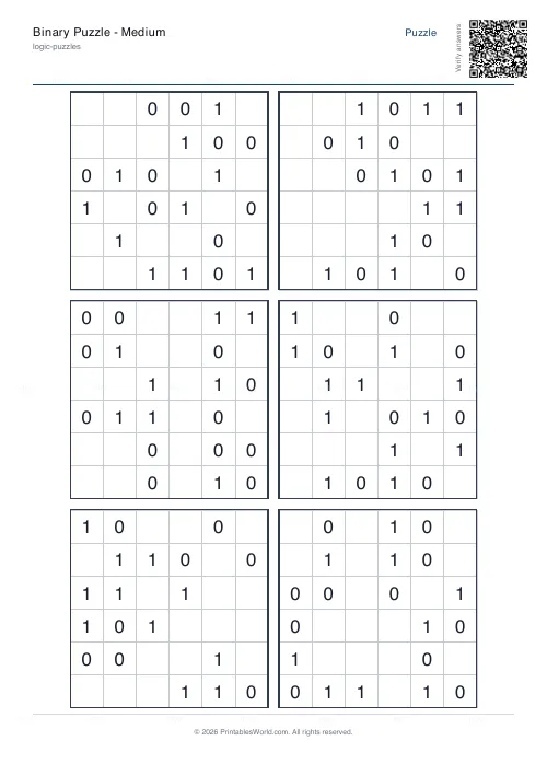 Free printable binary puzzle (6x6, with answer key), PDF download
