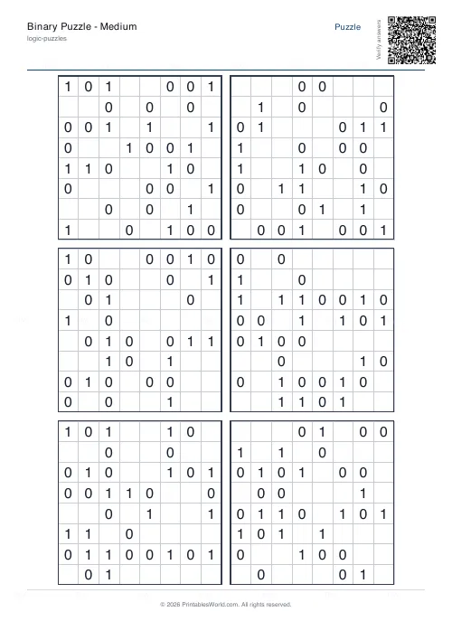 Free printable binary puzzle (8x8, with answer key), PDF download