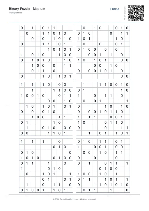 Free printable binary puzzle (10x10, with answer key), PDF download
