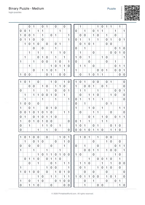Free printable binary puzzle (12x12, with answer key), PDF download