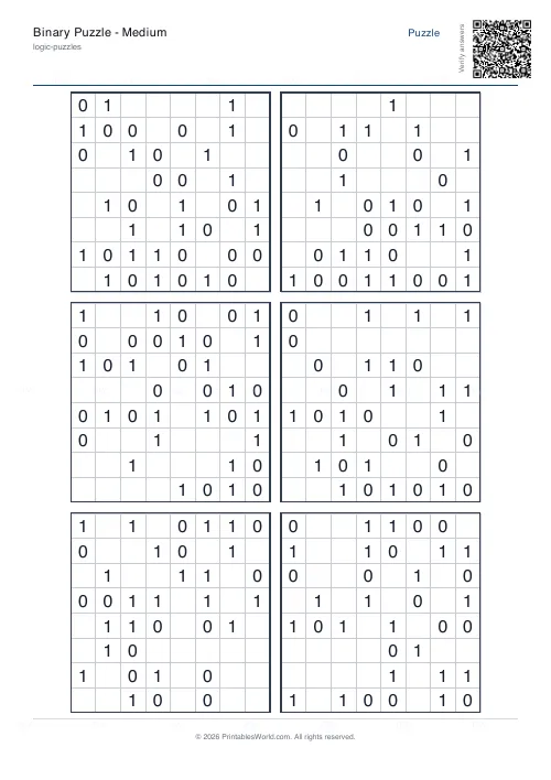 Free printable binary puzzle (Medium), PDF download