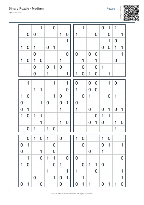 Free printable binary puzzle (Hard), PDF download