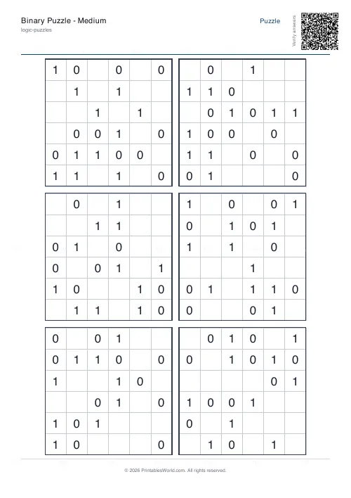 Free printable binary puzzle (6x6), PDF download