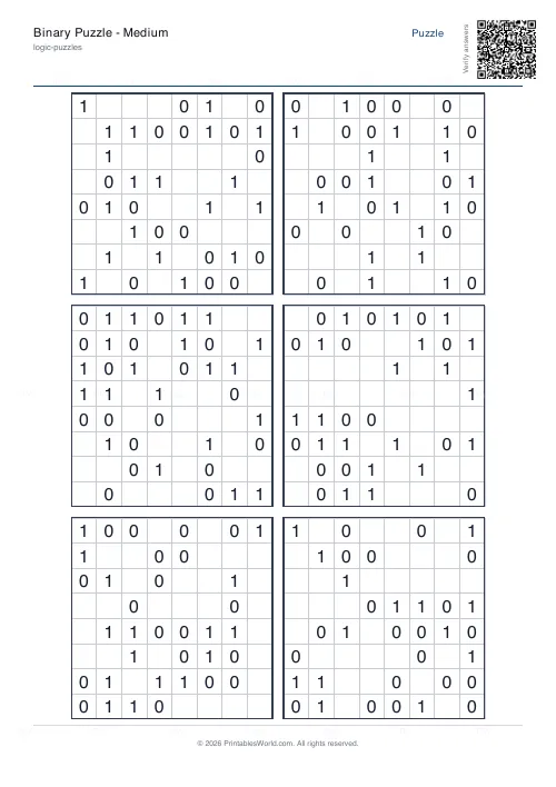 Free printable binary puzzle (8x8), PDF download