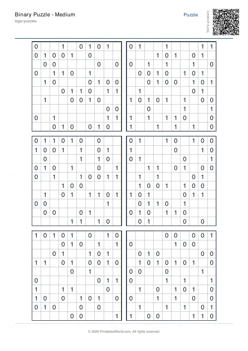 Free printable binary puzzle (10x10), PDF download