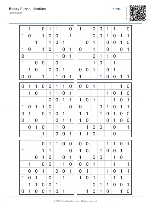 Free printable binary puzzle (Easy, with answer key), PDF download