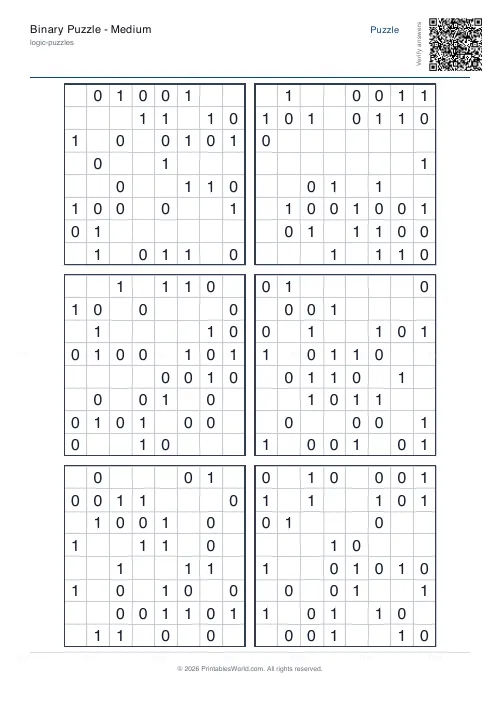 Free printable binary puzzle (Medium, with answer key), PDF download