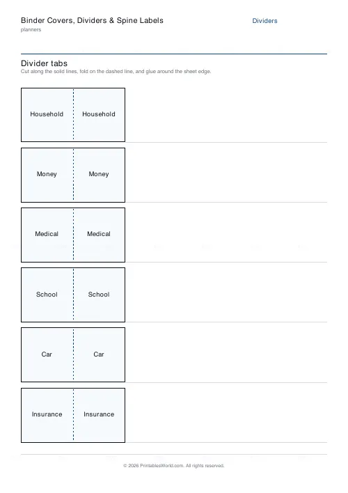 Free printable binder cover and divider (Divider tabs), PDF download