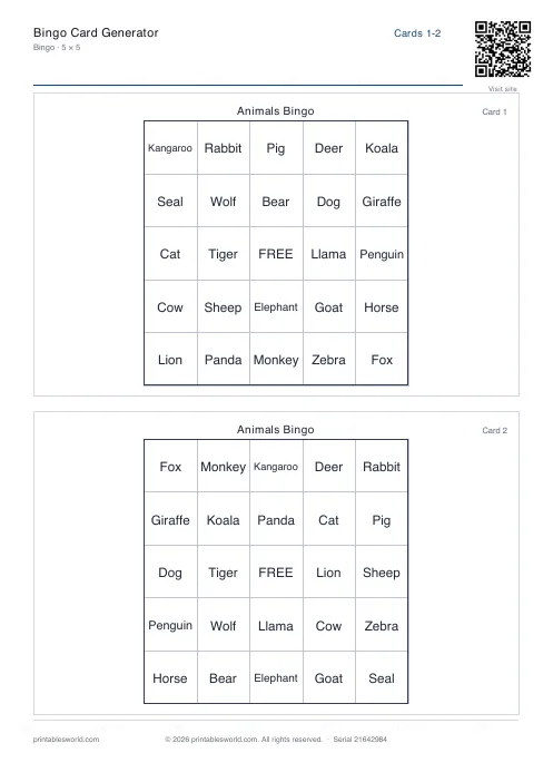 Free printable bingo Card PDF — sheet 1