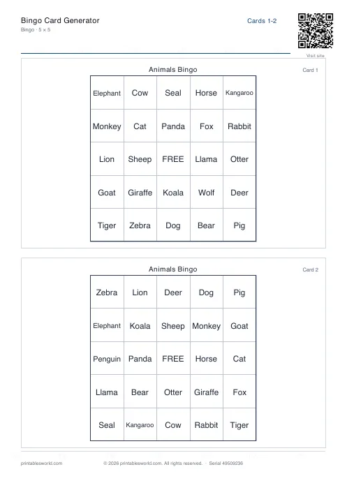 Free printable bingo Card PDF — sheet 2