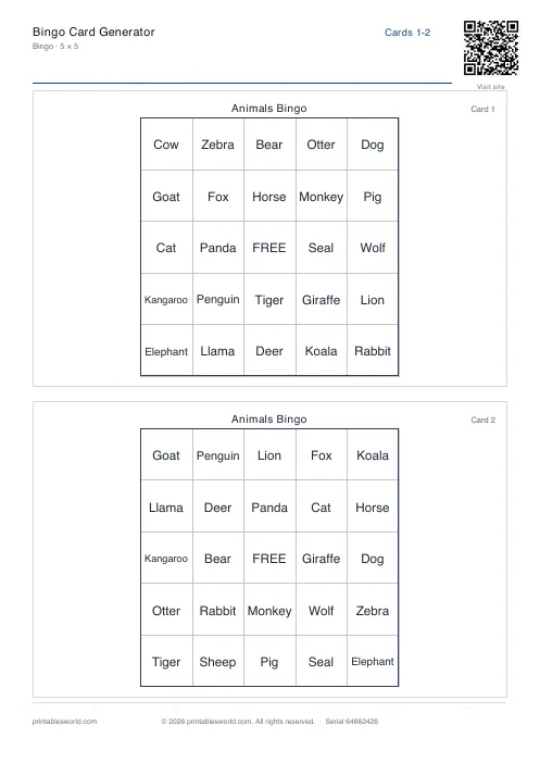 Free printable bingo Card PDF — sheet 5