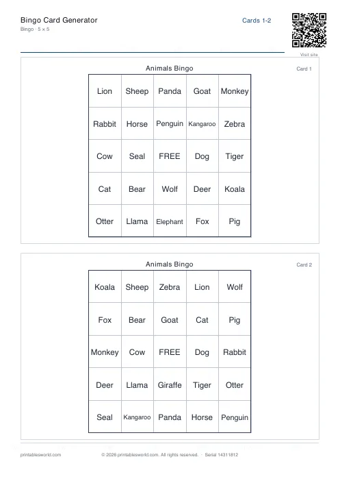 Free printable bingo Card PDF — sheet 6