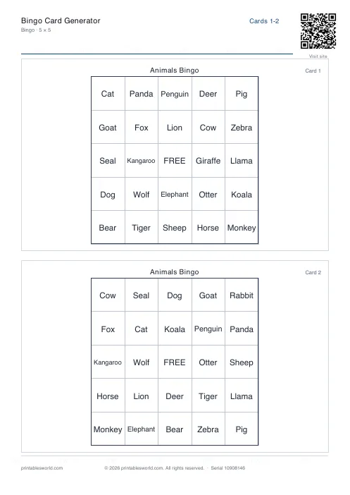 Free printable bingo Card PDF — sheet 7