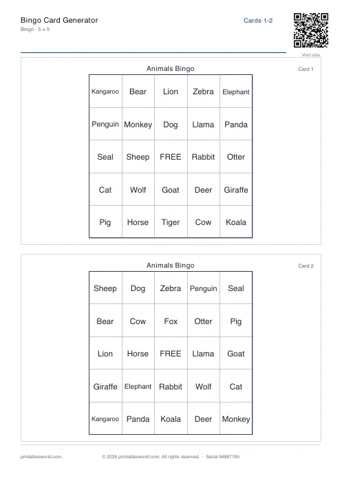 Free printable bingo Card PDF — sheet 8