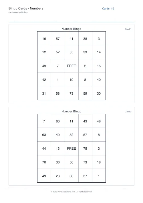 Free printable bingo card — 2, with answer key — PDF download