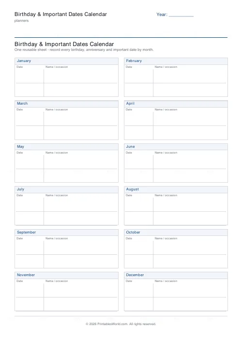 Free printable birthday and important dates calendar (2 rows/month), PDF download