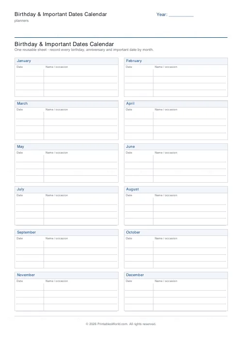 Free printable birthday and important dates calendar (4 rows/month), PDF download
