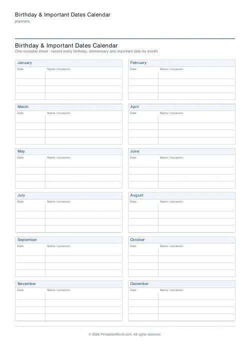 Free printable birthday and important dates calendar (No name/year), PDF download
