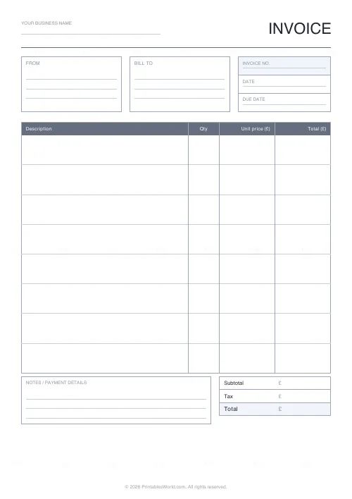 Free printable blank invoice sheet (8 rows), PDF download