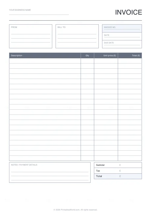 Free printable blank invoice sheet (20 rows), PDF download