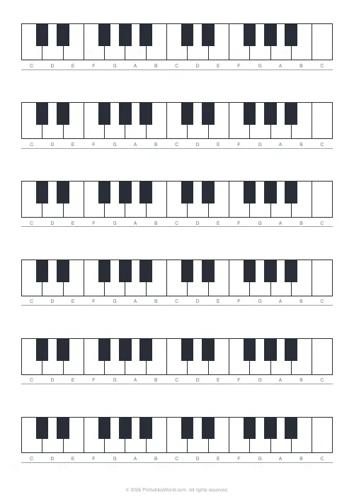 Free printable blank piano keyboard sheet — 6 keyboards — PDF download
