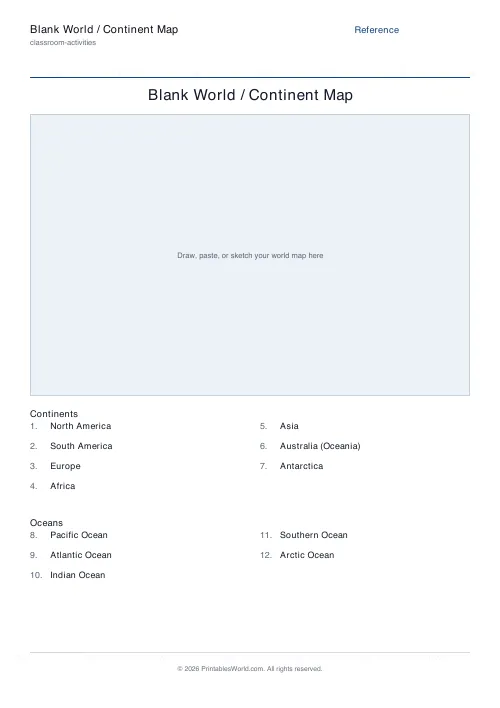 Free printable blank world map worksheet — Reference — PDF download