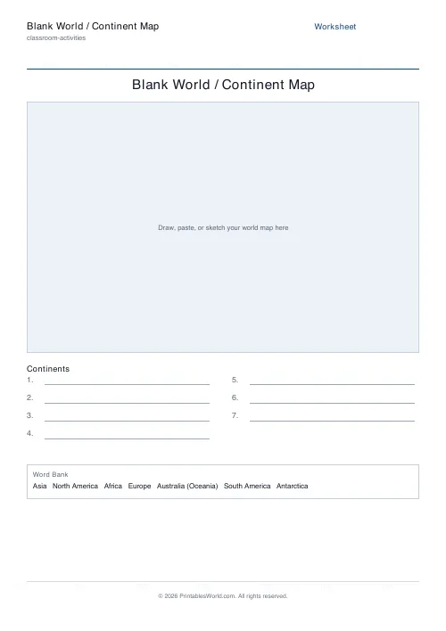 Free printable blank world map worksheet — With word bank — PDF download