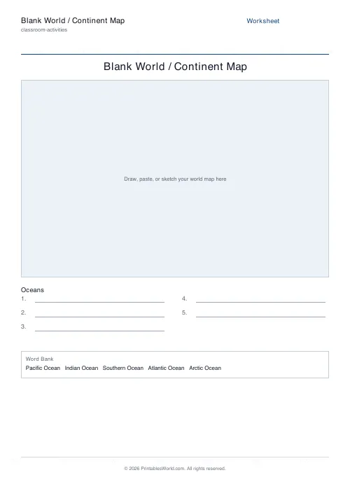 Free printable blank world map worksheet — Oceans, with answer key — PDF download
