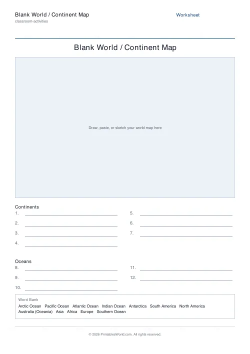 Free printable blank world map worksheet — Continents + oceans, with answer key — PDF download