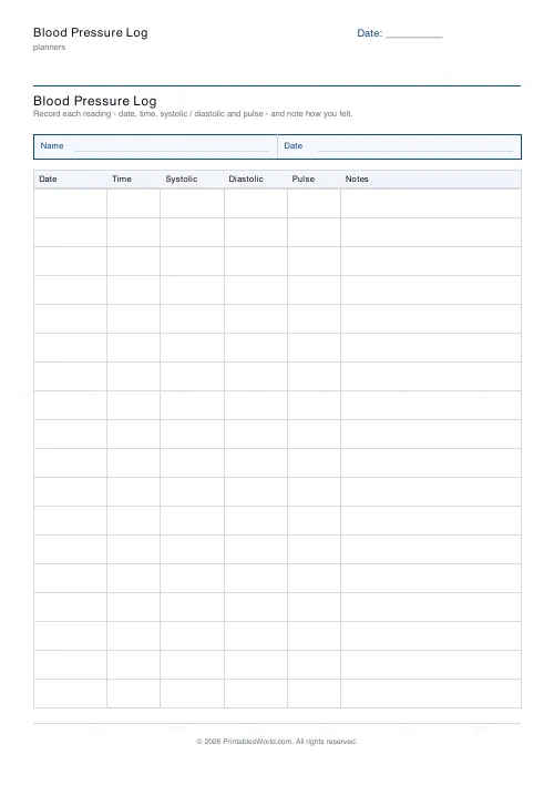 Free printable blood pressure log (18 readings), PDF download