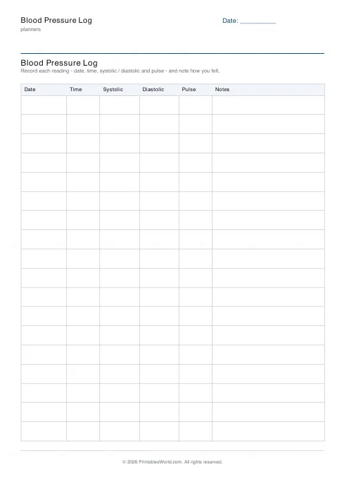 Free printable blood pressure log (No name/date), PDF download
