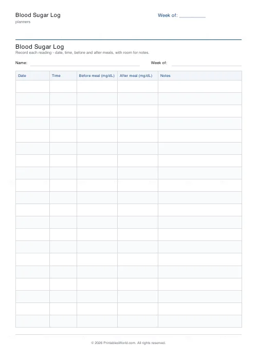 Free printable blood sugar log (mg/dL), PDF download