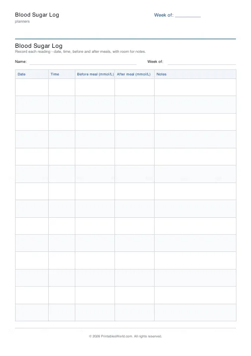 Free printable blood sugar log (14 readings), PDF download